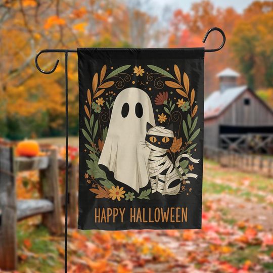 Discover Halloween Garden Flag, Ghost and Cat Yard Decoration, Fall Outdoor Decor, Spooky Autumn Porch Accent, Double Sided Seasonal Yard Banner