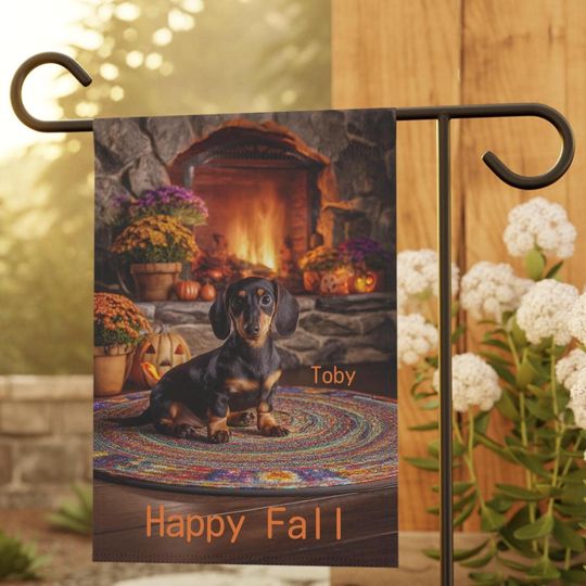 Discover PERSONALIZED, Dachshund Puppy Fall Garden Flag, Two Sizes, Doxie House Banner, Outdoor Decor, Autumn Yard Sign, Happy Puppy Pet Art,