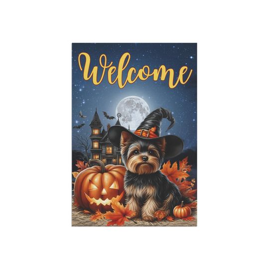 Halloween Garden Flag, Yorkie with pumpkins, Haunted House Fall Yard Decor