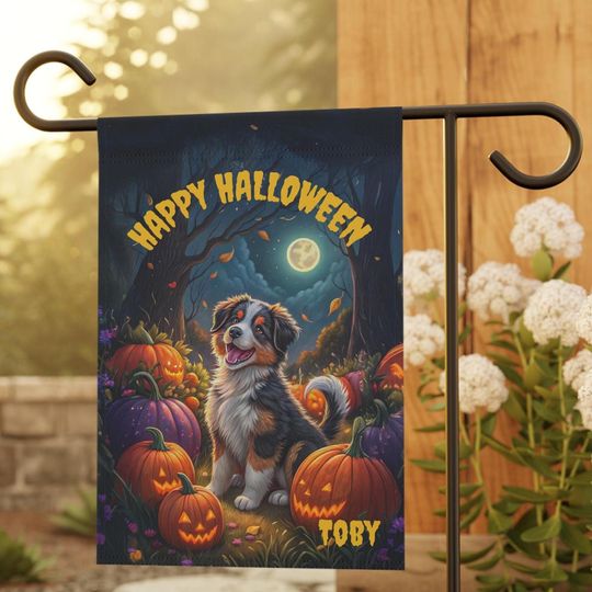 PERSONALIZED Australian Shepherd Halloween Garden Flag, Pet Halloween Flag, Aussie Yard Decor, Aussie Lawn Flag, Halloween Lawn Flag