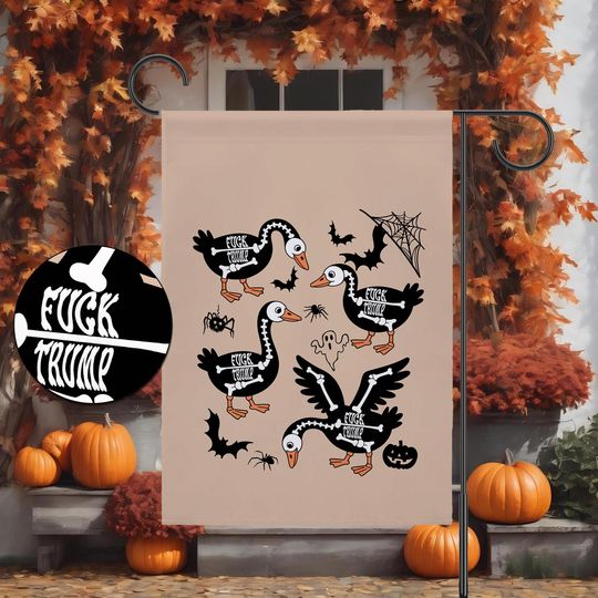 Discover Skeleton Geese Anti Trump Halloween Garden Flag, Hidden Message Ribcage Subtle F Trump Fall Autumn House Banner