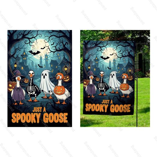 Spooky Goose Halloween Garden Flag  , Just a Spooky Goose  , Funny Goose Skeleton Witch Pumpkin Ghost Flag  , Cute Goose Flag AXGG08