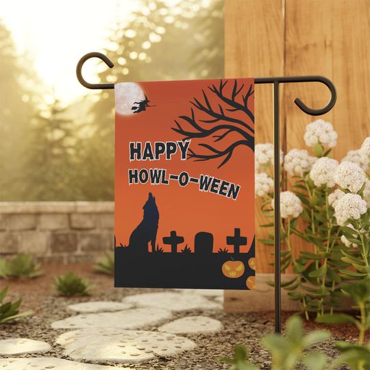 Halloween Garden Flag: Spooky Wolf Silhouette, Witch Moonlight - Double-Sided