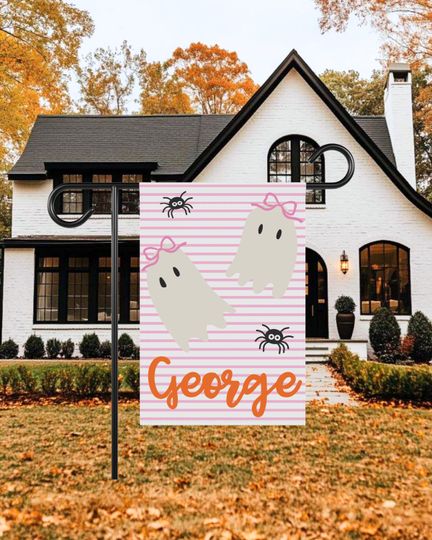 Fall Garden Flag Halloween Yard Decor Pink Pumpkin Decor Grandmillennial House Flag Personalized Flag Preppy Halloween Pink Halloween Decor