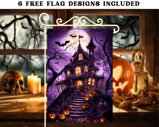 Haunted House Halloween Garden Flag  , Spooky Moon and Witch Design, Glowing Pumpkin Yard Flag Sublimation, Gothic Haunted Mansion