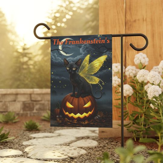 Halloween Garden Flag~Black Sphynx Kitten Faerie Sitting on a Pumpkin~Orange EYES ~Moonlight ~Personalize ~ Holiday Outdoor Decor