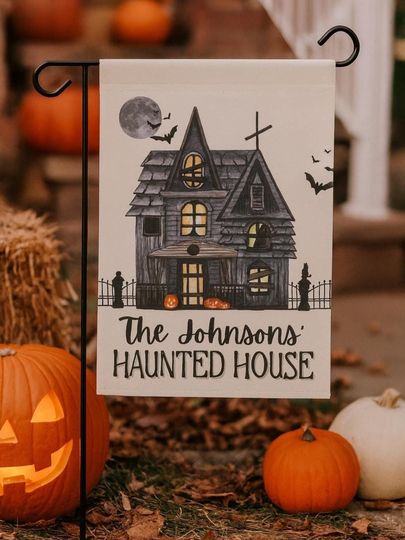 Personalized Halloween Garden Flag | Haunted House Yard Flag with Family Name | Custom Fall Outdoor Dcor, Spooky Porch Decoration