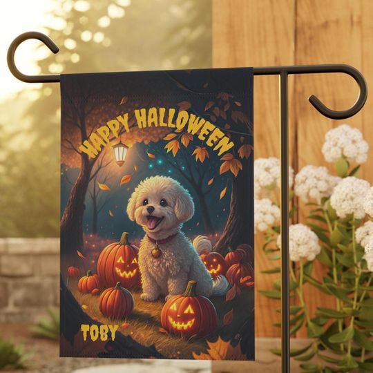 PERSONALIZED Bichon Frise Halloween Garden Flag, Pet Halloween Flag, Bichon Yard Decor, Bichon Lawn Flag, Halloween Lawn Flag, Fall Flag