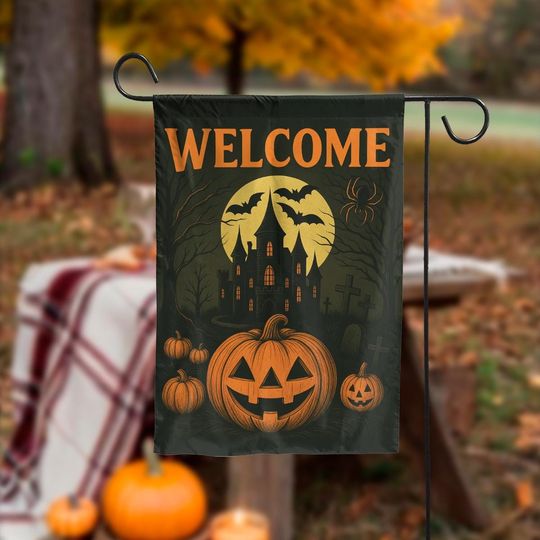 Discover Welcome Halloween Garden Flag, Pumpkin and Haunted House Outdoor Yard Decor, Spooky Fall Seasonal Porch Decoration, Autumn Fall Banner
