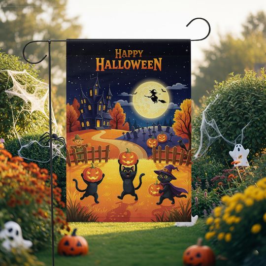 Halloween Garden Flag: Black Cats, Pumpkins, Haunted House - Double Sided