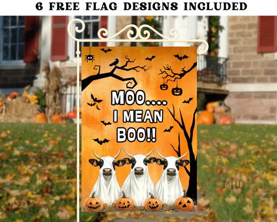 Funny Cow Halloween Garden Flag, Moo I Mean Boo Ghost Cows  , Fall Sublimation Design, Farm Animal Halloween Yard Decor, Funny Cow Flag