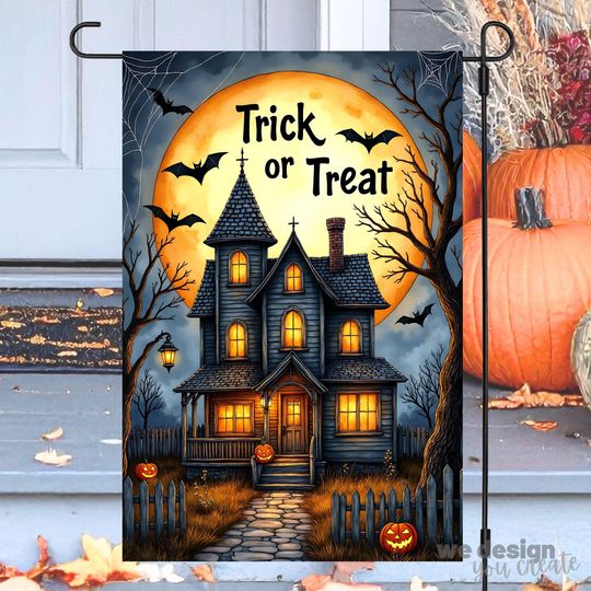 Discover Haunted House Garden Flag Halloween Sublimation Design, Spooky Season Decor, 12x18 Flag  , Fall Outdoor Decor, Trick or Treat Flag