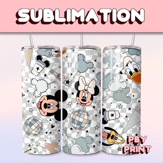 Mouse Friends Celebration, Sublimation, 20oz Tumbler Wrap, Cute, Magical, Christmas, Halloween, Love, Movie, Pink, Libbey Glass Wrap Design
