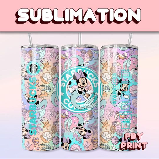 Discover Mouse Mermaid Beach, Sublimation, 20oz Tumbler Wrap, Cute, Magical, Christmas, Halloween, Cartoon, Characters, Libbey Glass Wrap Design