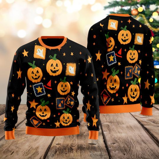 Halloween Pumpkin Ugly Sweater, Cute Halloween Shirt, Vintage Patchwork Clothing, Fall Season Merch