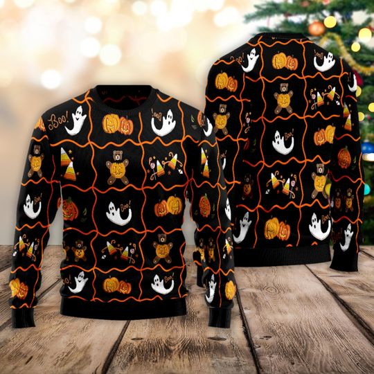 Halloween Pattern Ugly Sweater, Boo Ghost Pumpkin Shirt, Cute Holiday Sweatshirt, Spooky Season Merch