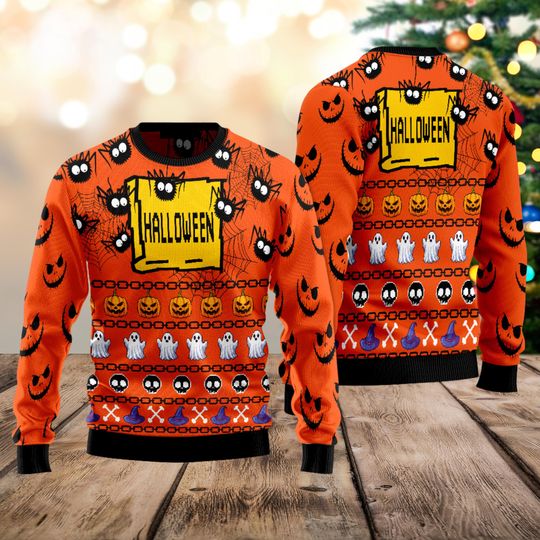 Discover Cute Ghost with Pumpkin Halloween Ugly Sweater, Spider Web Tee, Pumpkin Patch Shirt, Happy Halloween Gift