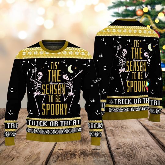 Discover Tis The Season To Be Spooky Skeleton Ugly Sweater, Trick Or Treat Halloween Sweatshirt, Funny Christmas Jumper, Xmas Gift