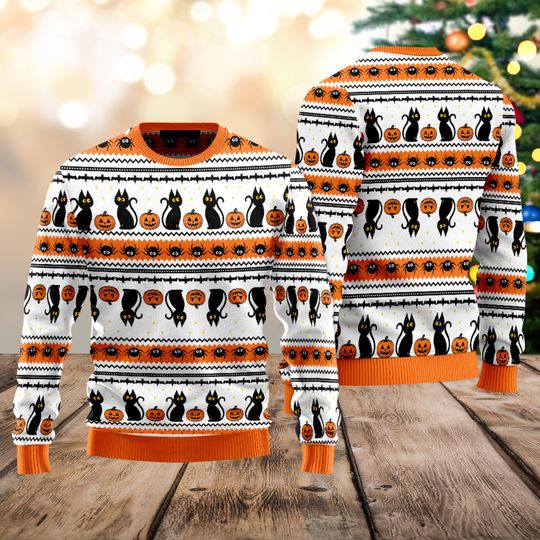Black Cat with Pumpkin Halloween Ugly Sweater, Fall Animal Shirt, Spooky Season Gift