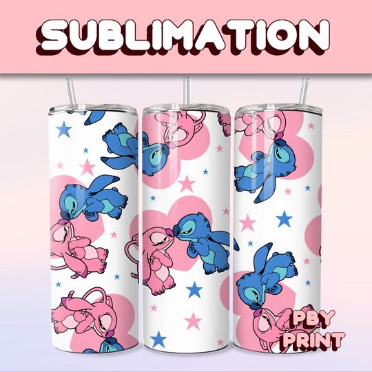 Discover Cute Blue & Pink Couple, Sublimation 20oz Tumbler Wrap, Summer, Movie, Magical, Christmas, Halloween, Cartoon, Characters, Libbey Design