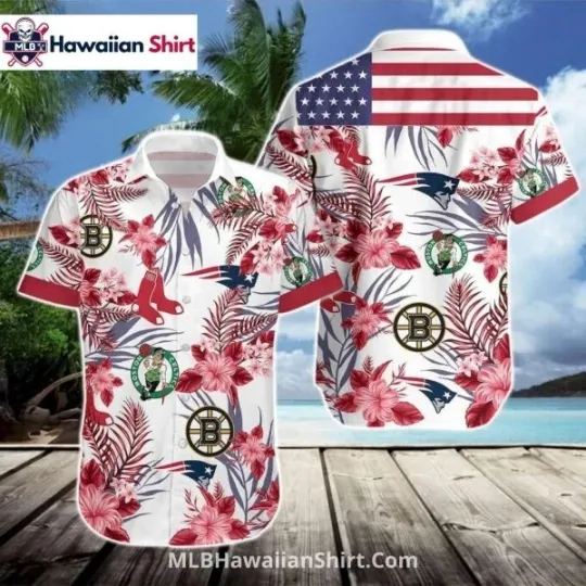 Discover Boston Sports Mix Baseball Hawaiian Shirt With Hibiscus Flowers , Gift for Fan
