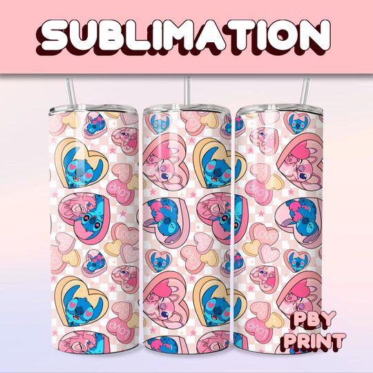 Discover Cute Blue & Pink Heart Love, Sublimation 20oz Tumbler Wrap, Summer, Movie, Magical, Christmas, Halloween, Cartoon, Characters, Libbey Design