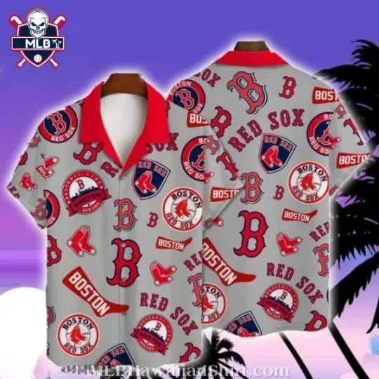 Boston Baseball Light Grey Logo-Infused Hawaiian Shirt , Gift for Fan