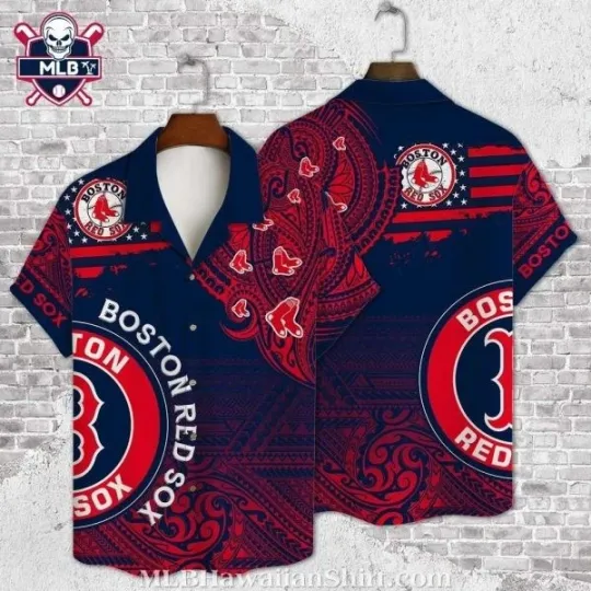 Ornate Boston Baseball Tribal Hawaiian Shirt In Red And Blue , Gift for Fan