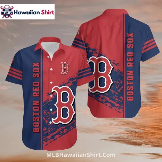 Split Red And Navy Boston Baseball Aloha Hawaiian Shirt, Gift for Fan