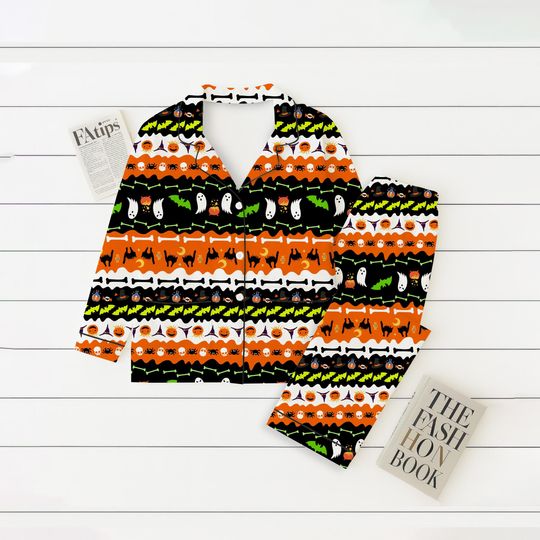 Halloween Pajamas Set, Spooky Ghost Bat Pumpkin Skeleton Shirt, Vintage Fall Sleepwear, Spooky Season Outfit