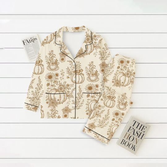 Vintage Fall Pumpkin Floral Pajamas Set, Sunflower Sleepwear, Cozy Long Sleeve Loungewear For Women, Holiday Gift
