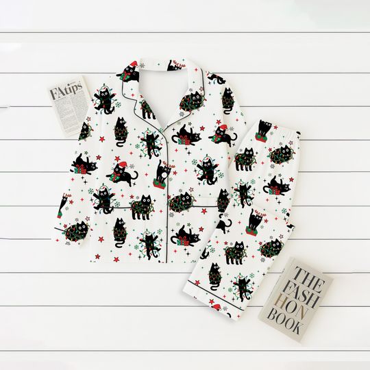 Discover Black Cat Christmas Pajamas Set, Funny Christmas Light PJs, Festive Sleepwear, Cute Xmas Shirt, Winter Season Nightwear, Christmas Gift