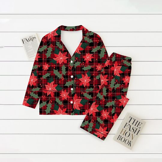Discover Christmas Pattern Pajamas Set, Red Poinsettia Plaid Holiday PJs, Festive Winter Sleepwear, Cozy Xmas Pajama Outfit, Holiday Loungewear Gift