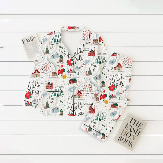 North Pole Map Christmas Pajamas Set, Santa Claus Sleepwear, Cozy Family Matching, Candy Cane Tee, Xmas Festive Outfit