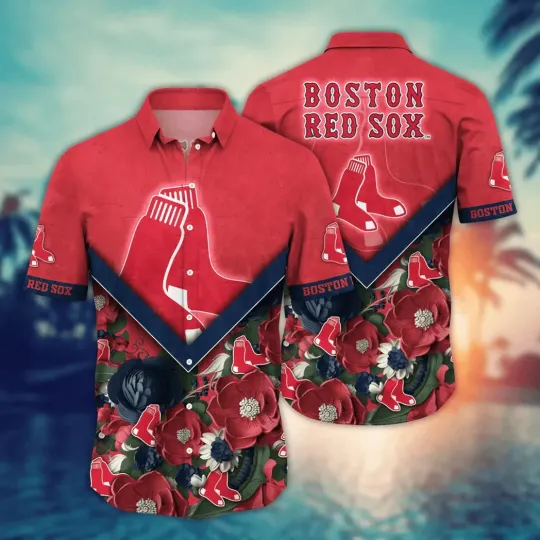 Boston Baseball Chevron Floral Vibe Summer Aloha Unisex Hawaiian Shirt, Gift for Fan