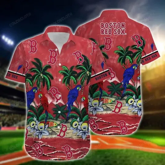 Boston Baseball Tropical Parrot Paradise Summer Aloha Unisex Hawaiian Shirt, Gift for Fan