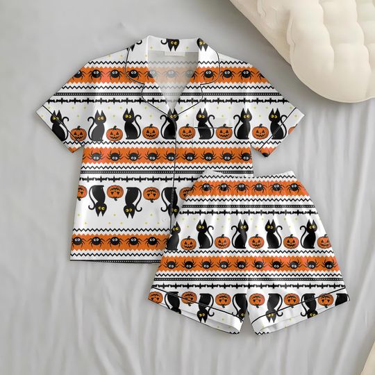 Discover Halloween Pajamas Set, Black Cat Pumpkin PJs, Spooky Season Gift, Festive Holiday Outfit, Cozy Scary Night Sleepwear
