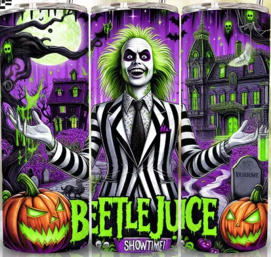 Beetlejuice 20oz Tumbler, Horror Character Halloween Tumbler Wrap