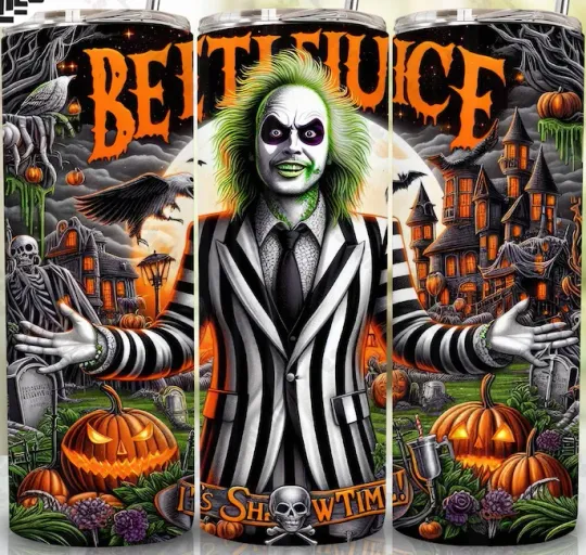 Beetlejuice 20oz Tumbler, Horror Character Halloween Tumbler Wrap