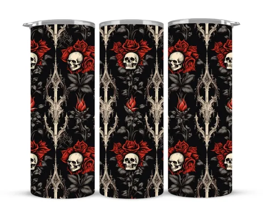 Skulls & Spires Gothic Ephemera Tumbler – Baroque Bones and Crimson Blooms