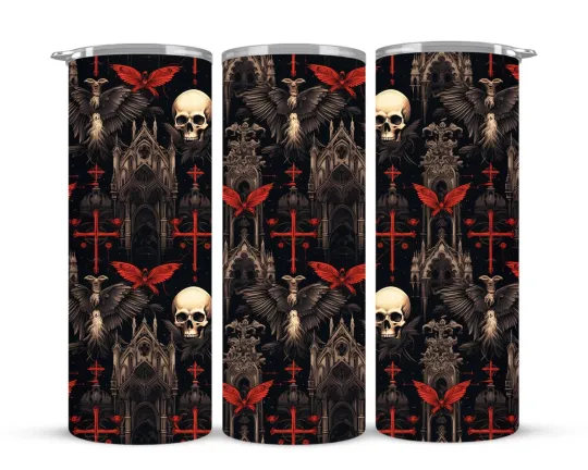 Discover Gothic Ephemera Tumbler – Skulls, Cathedrals & Crimson Ravens in a Dark Victoria