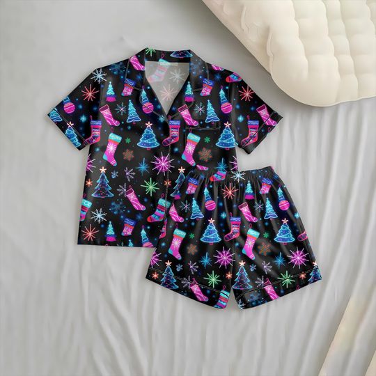 Neon Christmas Pattern Short Pajamas Set, Neon Christmas Tree Stocking Loungewear, Winter Season Gift, Christmas Gifts