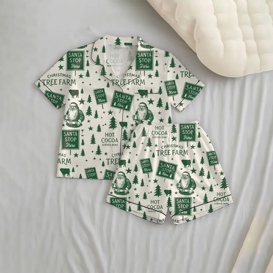 Discover Santa Stop Here Short Pajamas Set, Christmas Tree Farm Sleepwear, Hot Cocoa Santa Nightwear, Merry Christmas Homewear, Winter Season Pjs