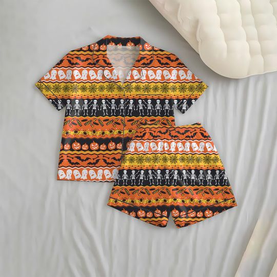 Funny Skeleton Halloween Pajamas Set, Ghost Pumpkin PJs, Spooky Striped Sleepwear, October Festive Outfit, Cozy Nightwear