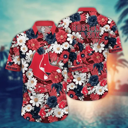 Boston Baseball Bold Floral Glory Summer Aloha Unisex Hawaiian Shirt, Gift for Fan
