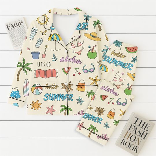 Hello Summer Pajamas Set, Aloha Summer Sleepwear, Beach Pattern Homewear, Marine Life Pjs, Funny Vacation Gift