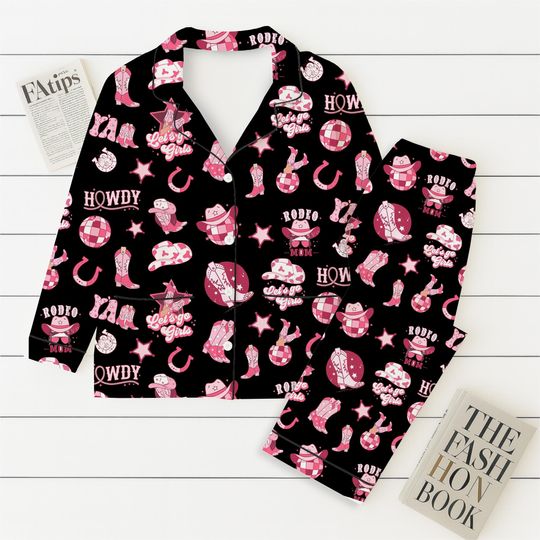 Pink Rodeo Cowgirl Pajamas Set, Western Pattern Sleepwear, Howdy Cowgirl Homewear, Let's Go Girls Pjs, Disco Cowgirl Pjs, Halloween Gift