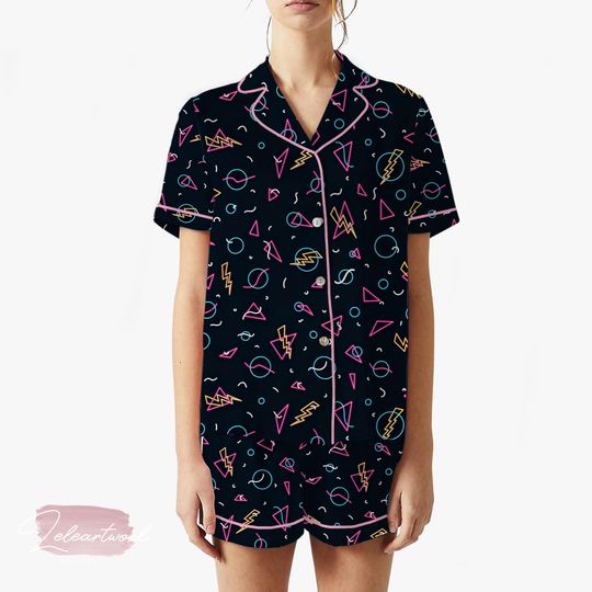 Discover Retro Arcade Carpet Pajama Set  Neon 80s Gamer Short Sleeve Sleepwear, Fun Nostalgic Loungewear Gift for Gamers