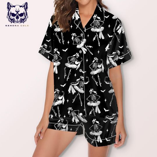 Discover Skeletons Dancing Pajama Set  Gothic Ballet Sleepwear with Skeleton Ballerinas & Bats  Halloween Lounge Set for Spooky Cute Comfort