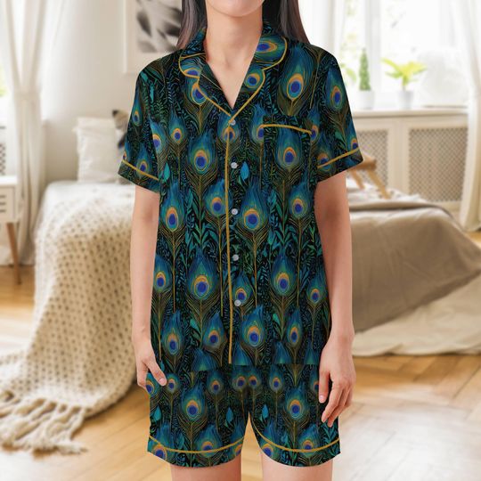 Discover Peacock Feather Satin Pajama Set: Short Sleeve Women's Sleepwear